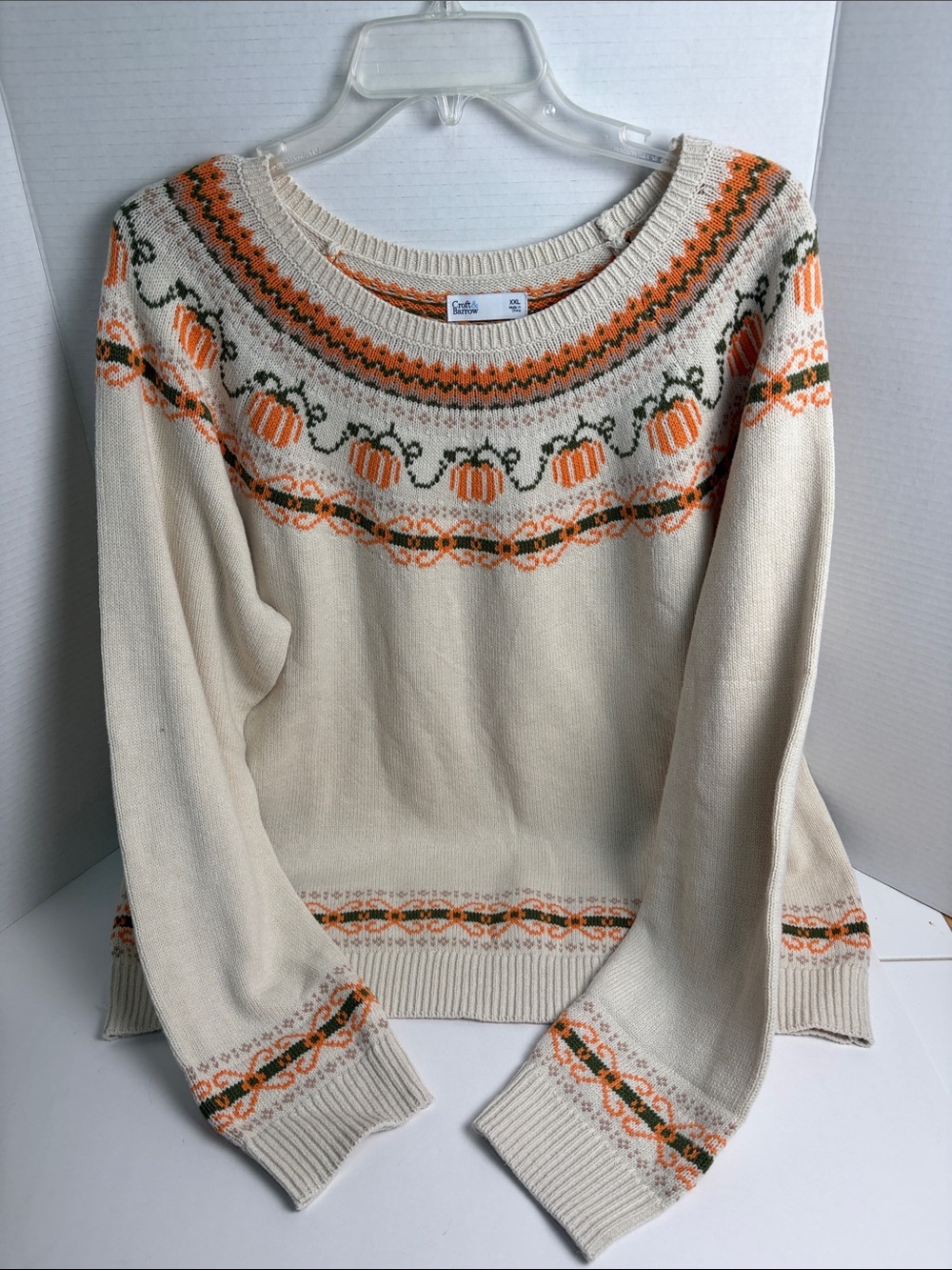 croft & barrow Cream Crewneck Sweater with Orange & Green Pumpkin Yoke